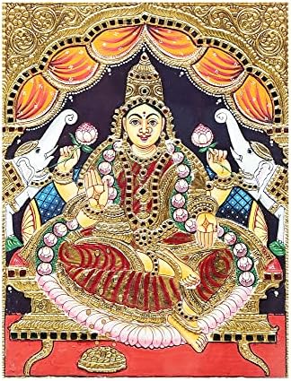 הודו אקזוטית 15 x 18 Padmasana gajalakshmi tanjore ציור | צבעים מסורתיים עם זהב 24 קראט | מסגרת עץ טיק